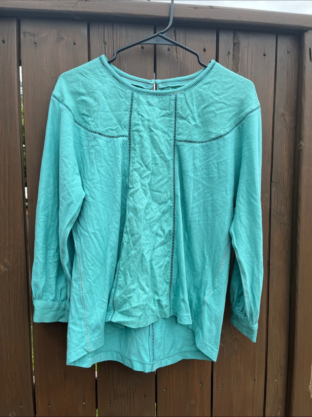 White Stuff Teal cotton modal Blouse. Fagotting Trim, High-Low Hem. UK 12 EU 40